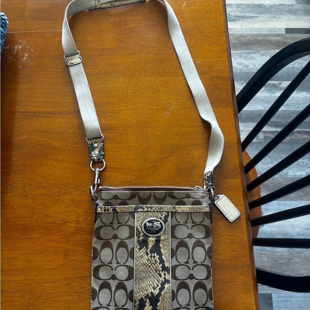 Coach Brown and Cream Snake Skin Patterned Crossbody Bag